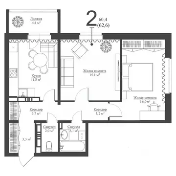 2-к кв. Татарстан, Зеленодольск Мирный мкр,  (60.8 м)