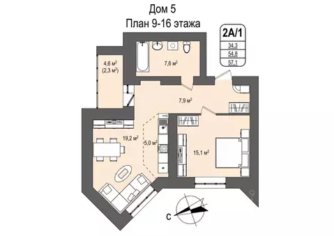 2-к кв. Кемеровская область, Кемерово 55-й мкр, 5 (57.1 м)