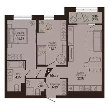 2-комнатная квартира: Екатеринбург, улица Энергостроителей, 7 (66.38 ...