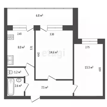 2-к кв. Тюменская область, Тюмень ул. Газовиков, 6 (47.2 м)