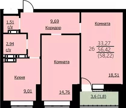 2-к кв. Ярославская область, Ярославль Красноборская ул., 38к2 (58.22 ...