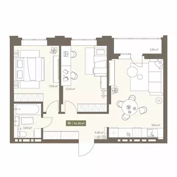 2-комнатная квартира: Кемерово, Московский проспект, 23А (54.5 м)