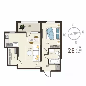 1-к кв. Воронежская область, с. Новая Усмань, Ольха мкр  (46.81 м)