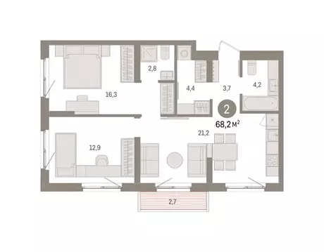 2-комнатная квартира: Екатеринбург, Торфяной переулок, 10 (68.2 м)