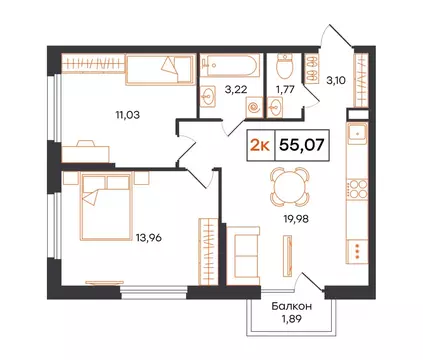 2-к кв. Тюменская область, Тюмень Полевая ул., 117к12 (55.07 м)