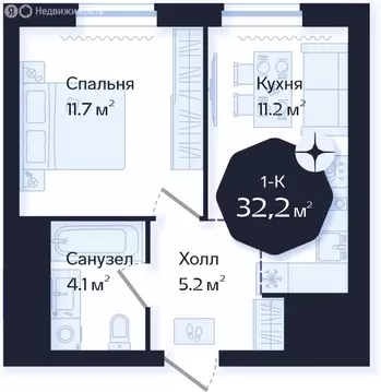 1-комнатная квартира: Тюмень, Новгородская улица, 22 (32.2 м)