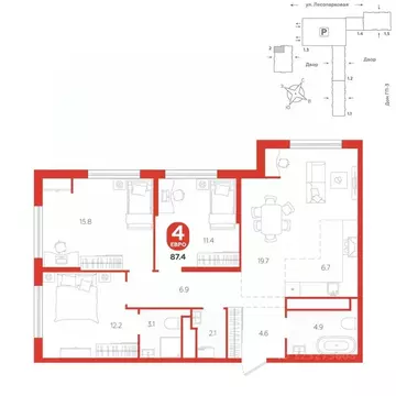 4-к кв. Тюменская область, Тюмень ул. Лесопарковая, 20 (87.4 м)
