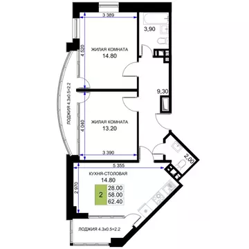 2-к кв. Краснодарский край, Анапа Песчаный жилой комплекс (62.4 м)