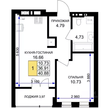 1-к кв. Калининградская область, Гурьевск Включи жилой комплекс (40.88 ...