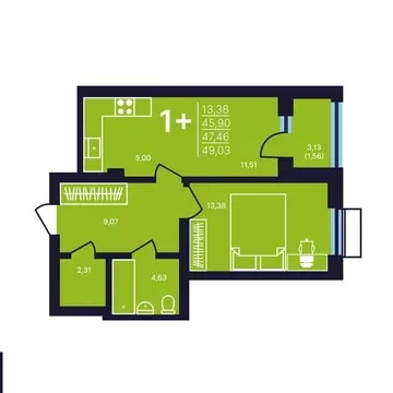1-комнатная квартира: Уфа, улица Ахметова, 158 (47.46 м)