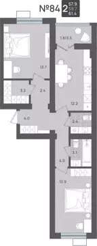 2-к кв. Калининградская область, Пионерский Рабочая ул., 11 (59.7 м)