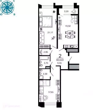 2-к кв. Рязанская область, Рязань ул. 1-я Железнодорожная (80.6 м)
