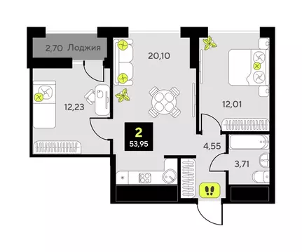 2-комнатная квартира: Тюмень, улица Андрея Приказнова, 1 (51.7 м)
