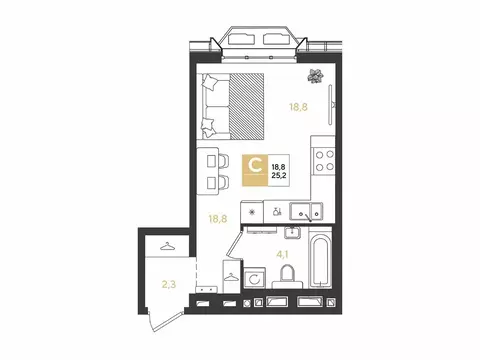 Квартира-студия: Краснодар, квартал Самолёт (25.2 м)