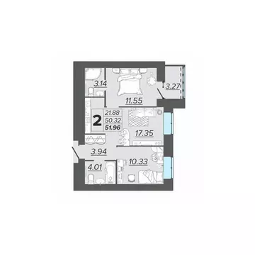 2-к кв. Брянская область, Брянск Архитектор жилой комплекс (51.96 м)