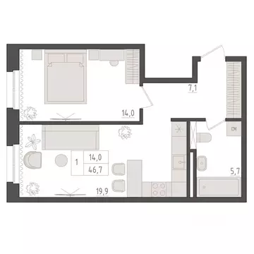 1-к кв. Башкортостан, Уфа 563-й кв-л,  (46.7 м)