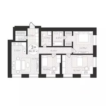 3-к кв. Башкортостан, Уфа Южный-2 мкр,  (86.51 м)