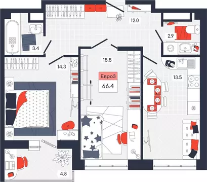3-к кв. Тульская область, Тула ул. Академика Насоновой, 9 (66.4 м)