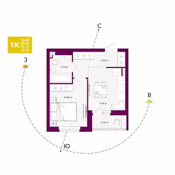 1-комнатная квартира: Екатеринбург, проспект Космонавтов, 103А (31.12 ...