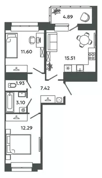 2-комнатная квартира: Новоселье, Аннинская улица, 4 (54.29 м)