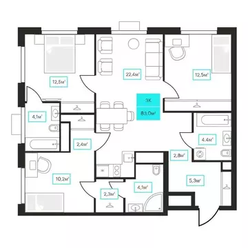 3-комнатная квартира: Тюмень, улица Червишевский Тракт, 25 (83 м)