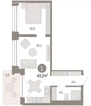 2-комнатная квартира: Тюмень, улица Муравленко, 9к1 (43.24 м)