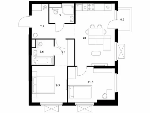 2-комнатная квартира: Утечино, жилой комплекс Савин Парк (57.2 м)
