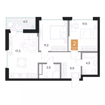 2-комнатная квартира: Курск, ЖК Парковый квартал Чувства (60 м)