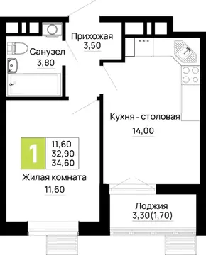 1-к кв. Адыгея, Тахтамукайский район, Яблоновский пгт  (34.6 м)