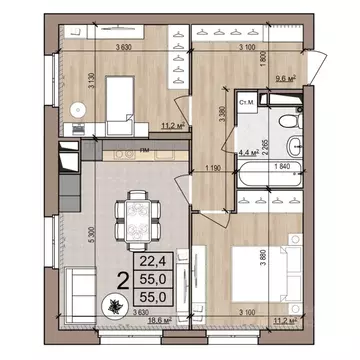 2-к кв. Рязанская область, Рязань ул. Новоселов, 33Б (55.0 м)