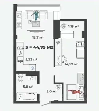 1-к кв. Хакасия, Абакан ул. Генерала Тихонова, 5 (44.75 м)