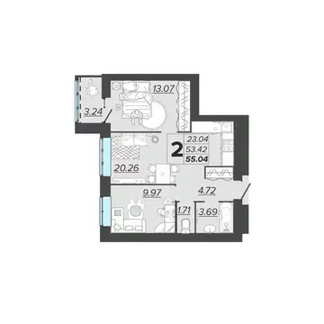 2-к кв. Брянская область, Брянск Архитектор жилой комплекс (55.04 м)