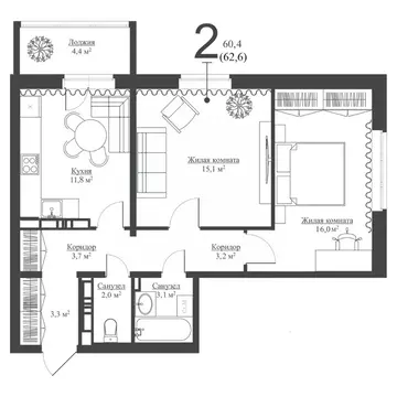 2-к кв. Татарстан, Зеленодольск Мирный мкр,  (60.8 м)