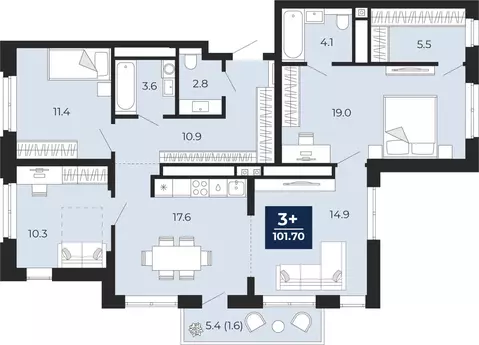 3-комнатная квартира: Тюмень, проезд Капитана Куликова, 7 (105.5 м)