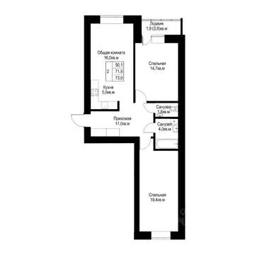 2-к кв. Татарстан, Альметьевск  (73.9 м)