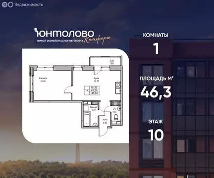 1-комнатная квартира: Санкт-Петербург, Ивинская улица, 5к2 (46.3 м)