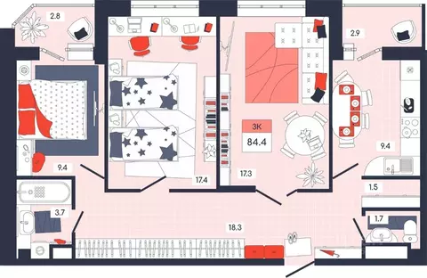3-к кв. Тульская область, Тула ул. Академика Насоновой, 9 (84.4 м)