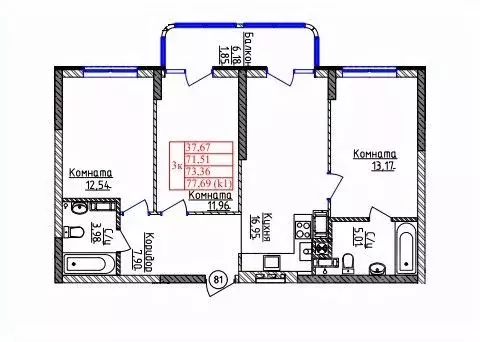 3-к кв. Калининградская область, Калининград ул. Дубовая Аллея (73.36 ...