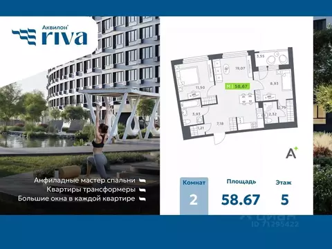 2-к кв. Ленинградская область, Мурино Всеволожский район, Аквилон Рива ...