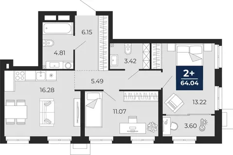 2-комнатная квартира: Тюмень, ЖК Айвазовский Сити (64.04 м)