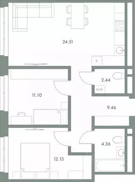2-к кв. Ханты-Мансийский АО, Сургут ул. Крылова (64.02 м)