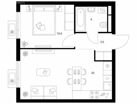 1-комнатная квартира: Мытищи, ЖК Ярославский Квартал (38.1 м)