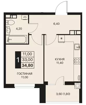 1-к кв. Ростовская область, Ростов-на-Дону Эстет жилой комплекс (34.8 ...