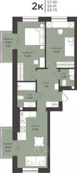 2-к кв. Калининградская область, Гурьевск  (59.41 м)