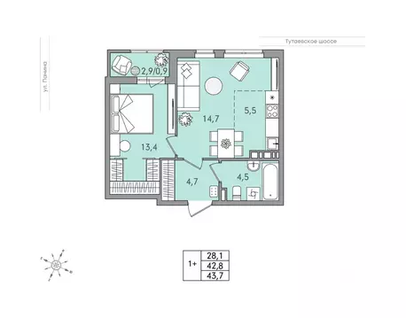2-к кв. Ярославская область, Ярославль Тутаевское ш., 93Б (43.7 м)