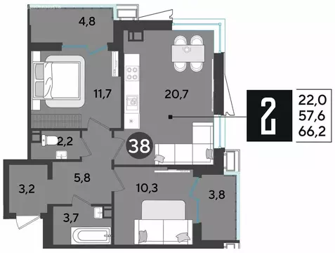 2-комнатная квартира: Краснодар, микрорайон Парк Победы (66.5 м)