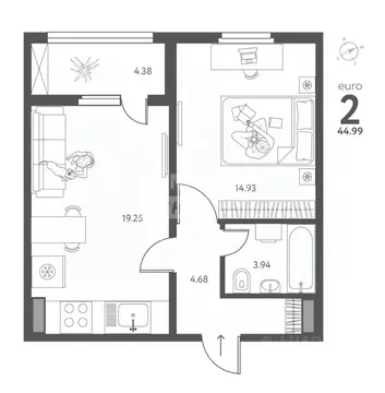 2-к кв. Липецкая область, Липецк ул. Перова, 2 (44.99 м)