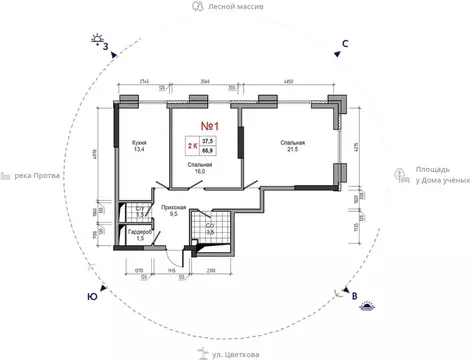 2-к кв. Калужская область, Обнинск ул. Усачева (66.9 м)