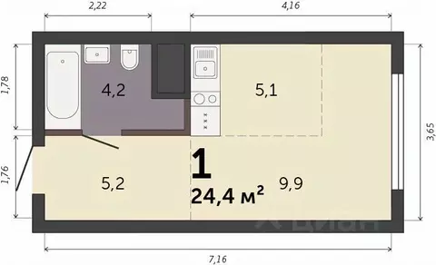 Студия Свердловская область, Екатеринбург Южный жилрайон,  (24.4 м)