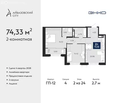 2-комнатная квартира: Тюмень, ЖК Айвазовский Сити (74.33 м)